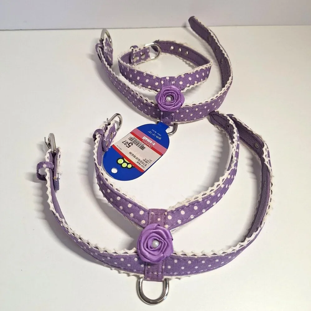 X-Small Purple Polka Dot Dog Harness Top Paw Flower Accents 2 Lot Lavender Pearl